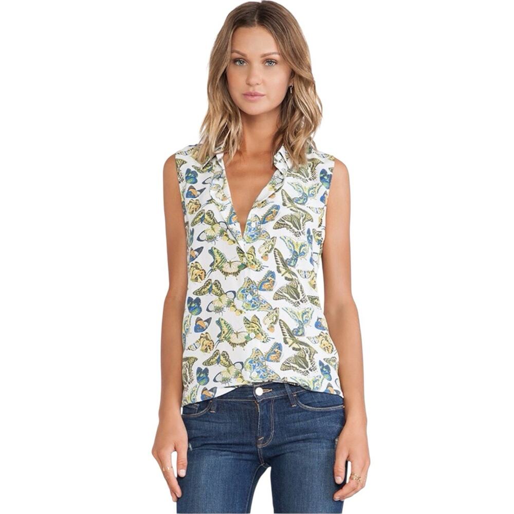 Equipment Butterfly Print Silk Sleeveless Shirt Womens XS Button Up Collared